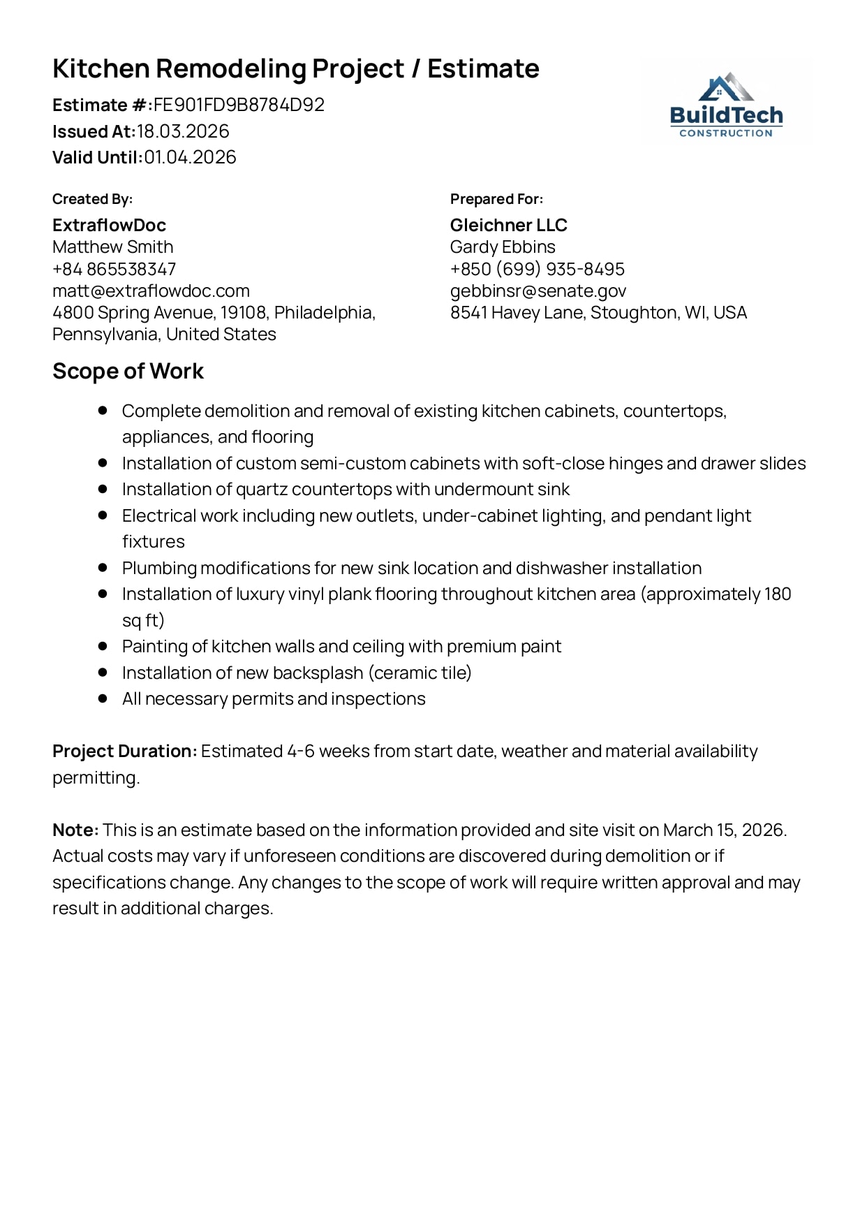 Kitchen remodeling estimate created with ExtraflowDoc