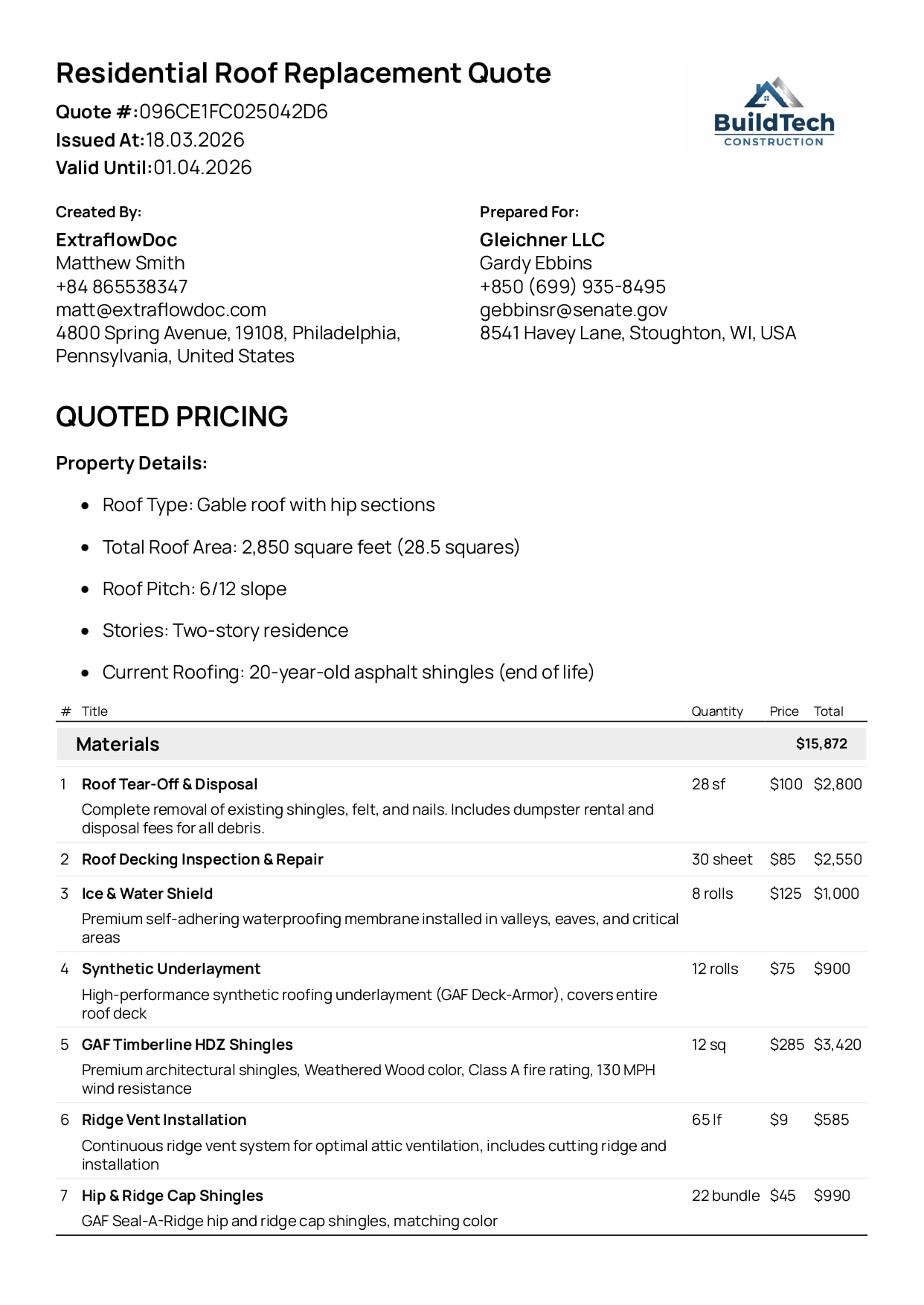 Residential roof replacement quote created with ExtraflowDoc