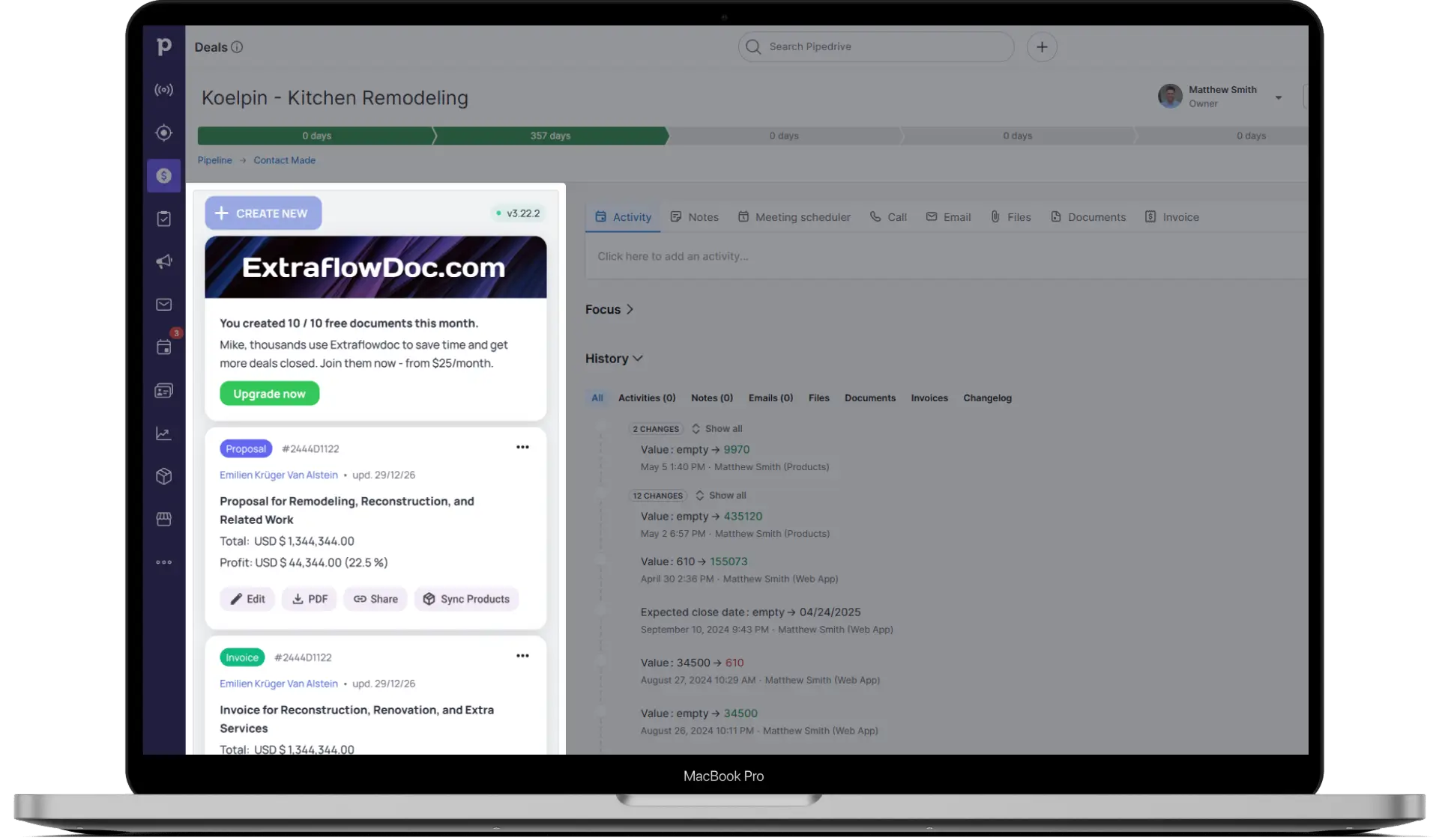 Panel listing ExtraflowDoc's sales document types inside a Pipedrive deal