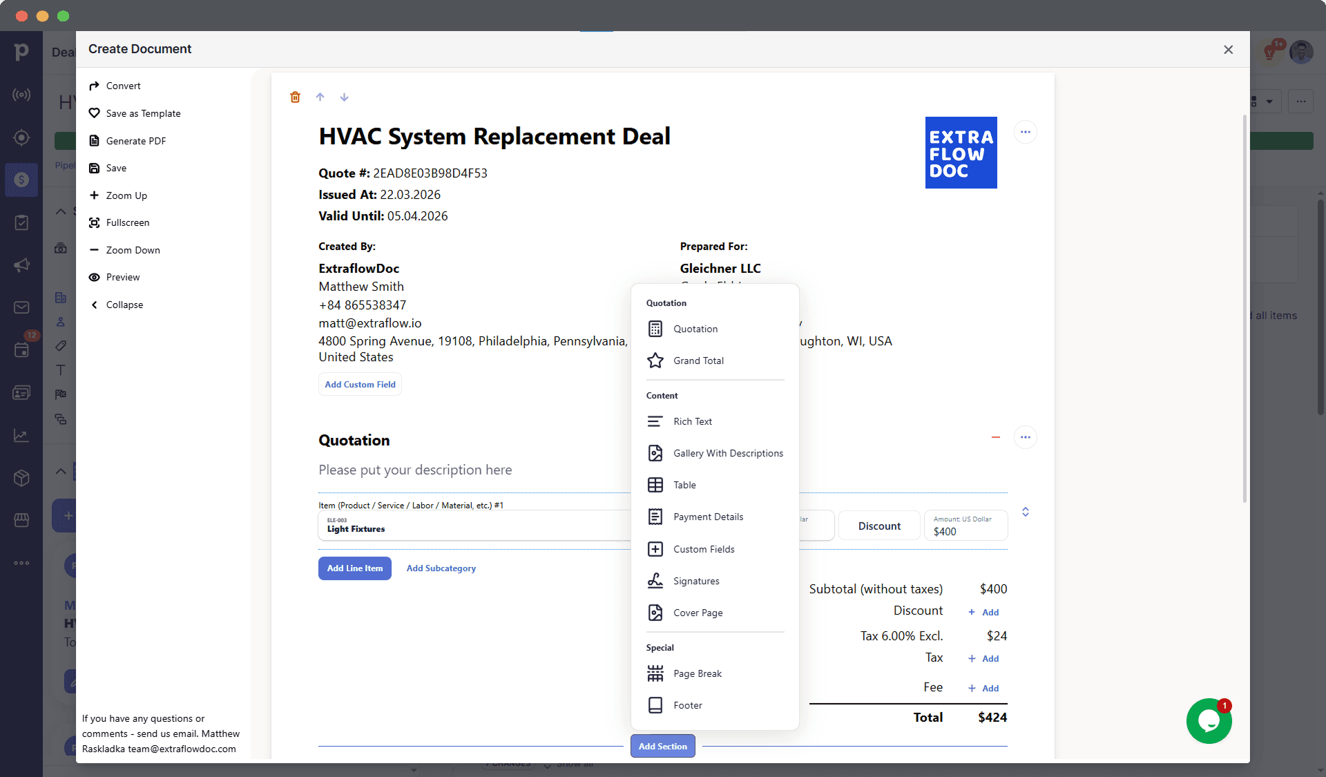 ExtraflowDoc document editor with cover page, text, and table blocks