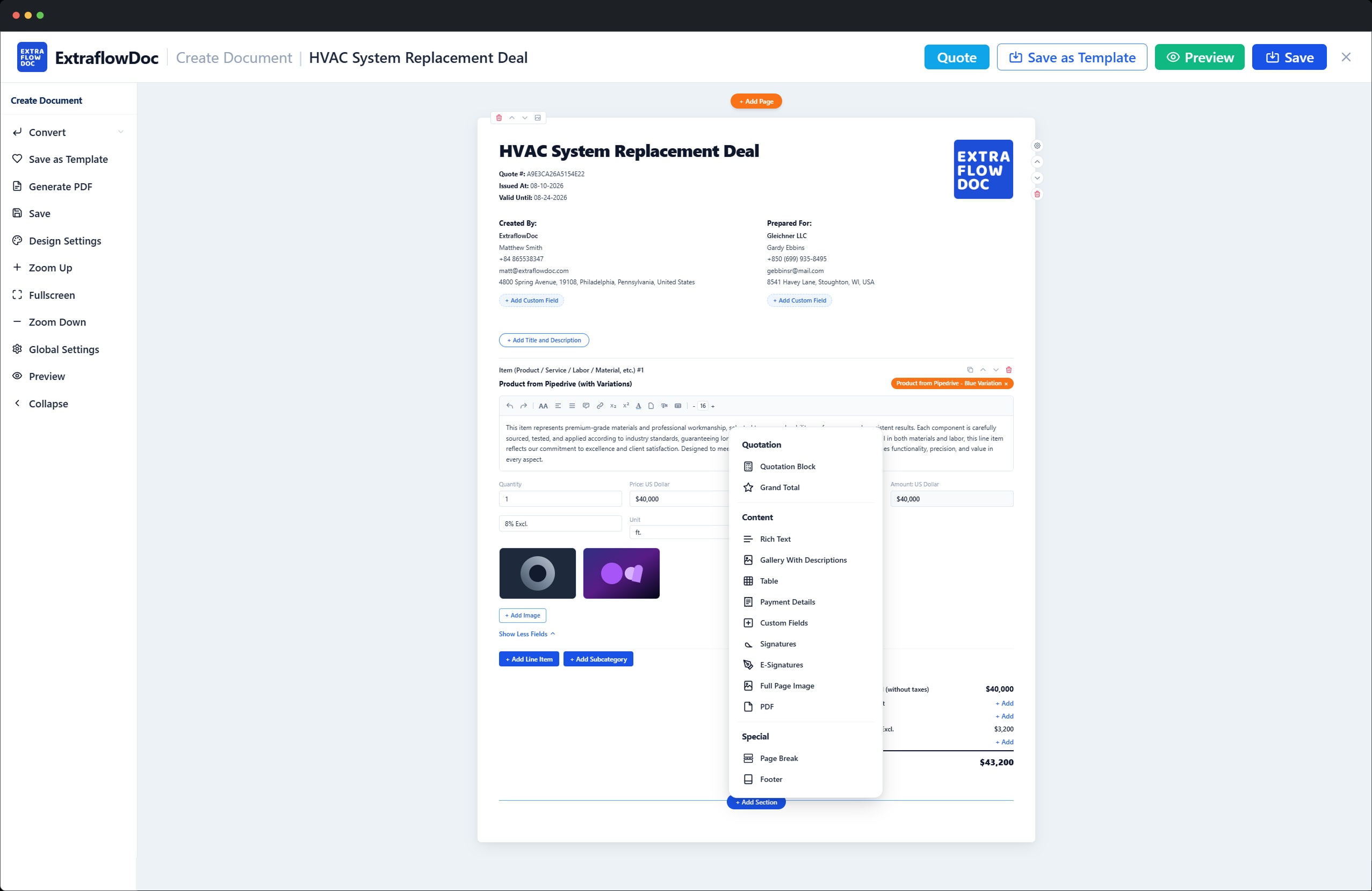 ExtraflowDoc document editor open on an HVAC system replacement quote, with the content block picker open