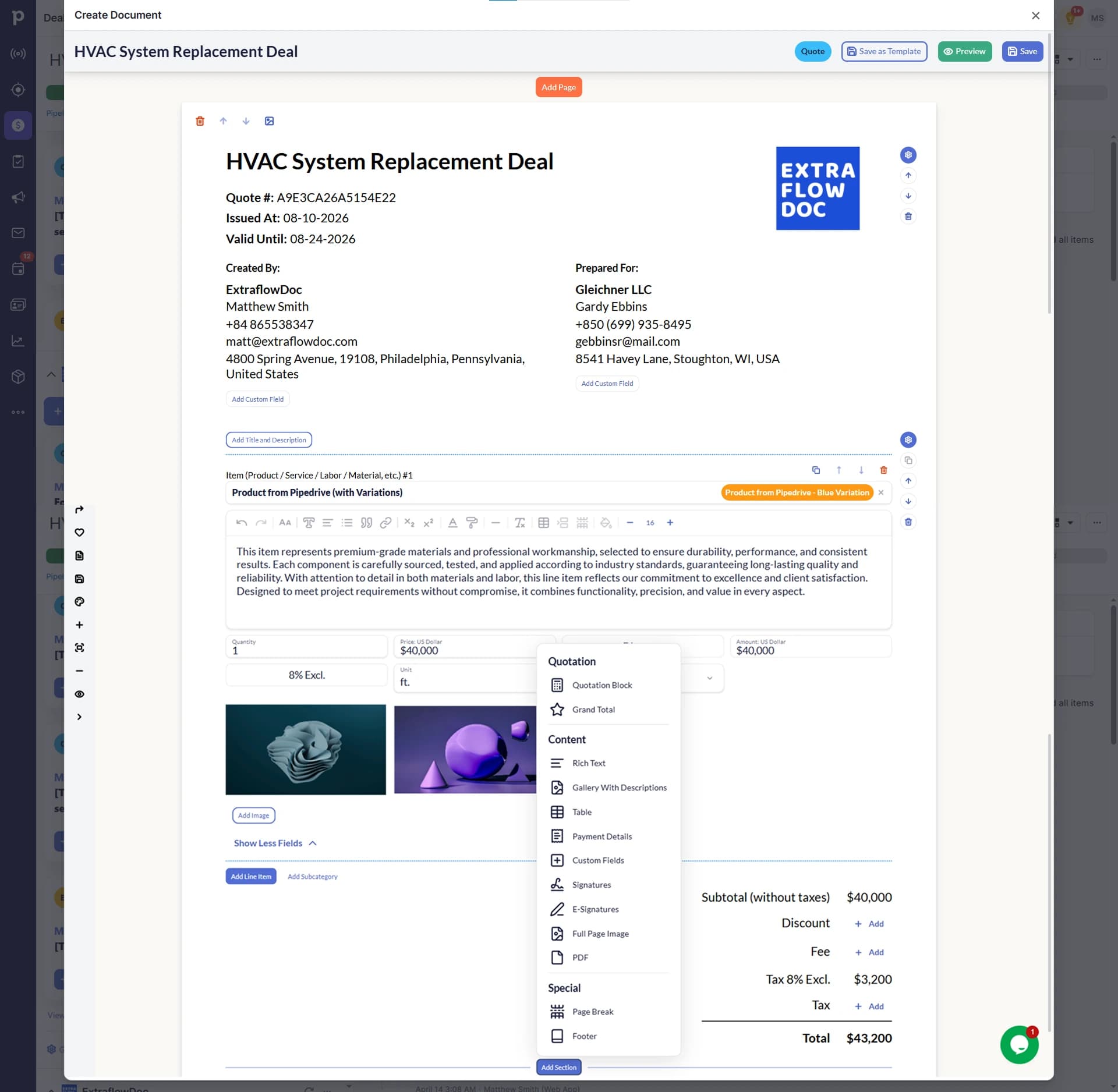 ExtraflowDoc document editor open on an HVAC system replacement quote, with the content block picker open