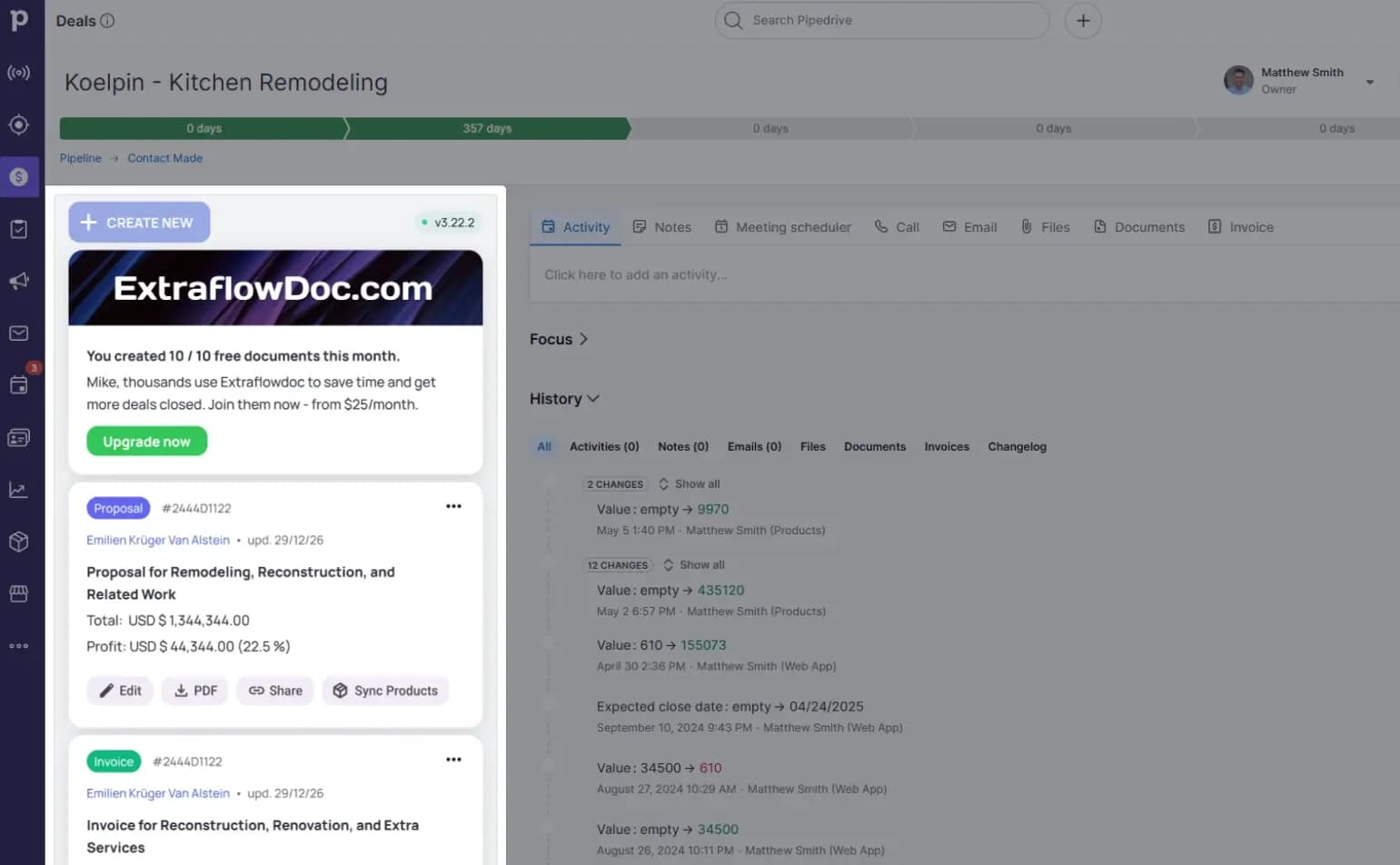 ExtraflowDoc panel open inside a Pipedrive deal, listing a proposal and an invoice