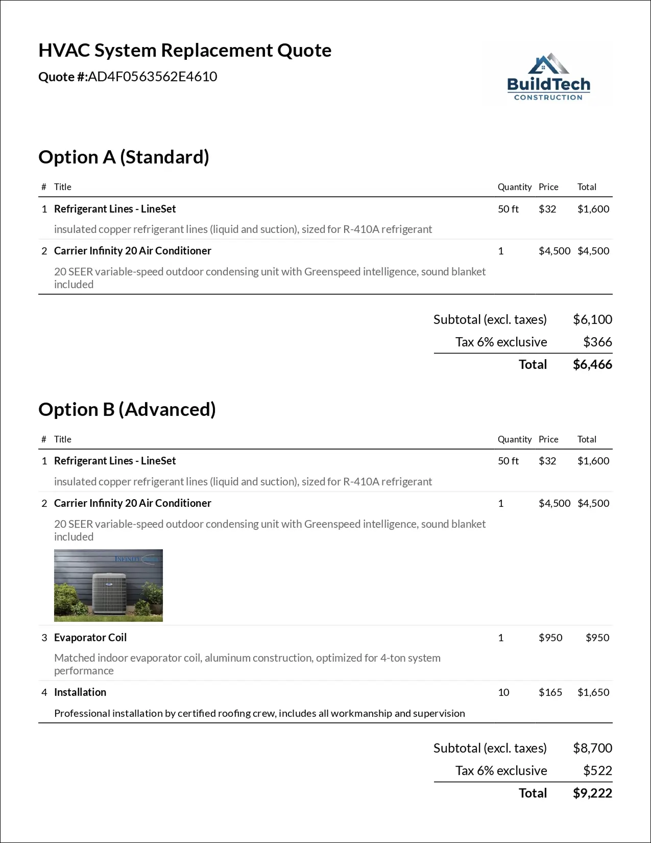 HVAC quote with two side-by-side pricing tables — Standard and Advanced options — in one ExtraflowDoc document