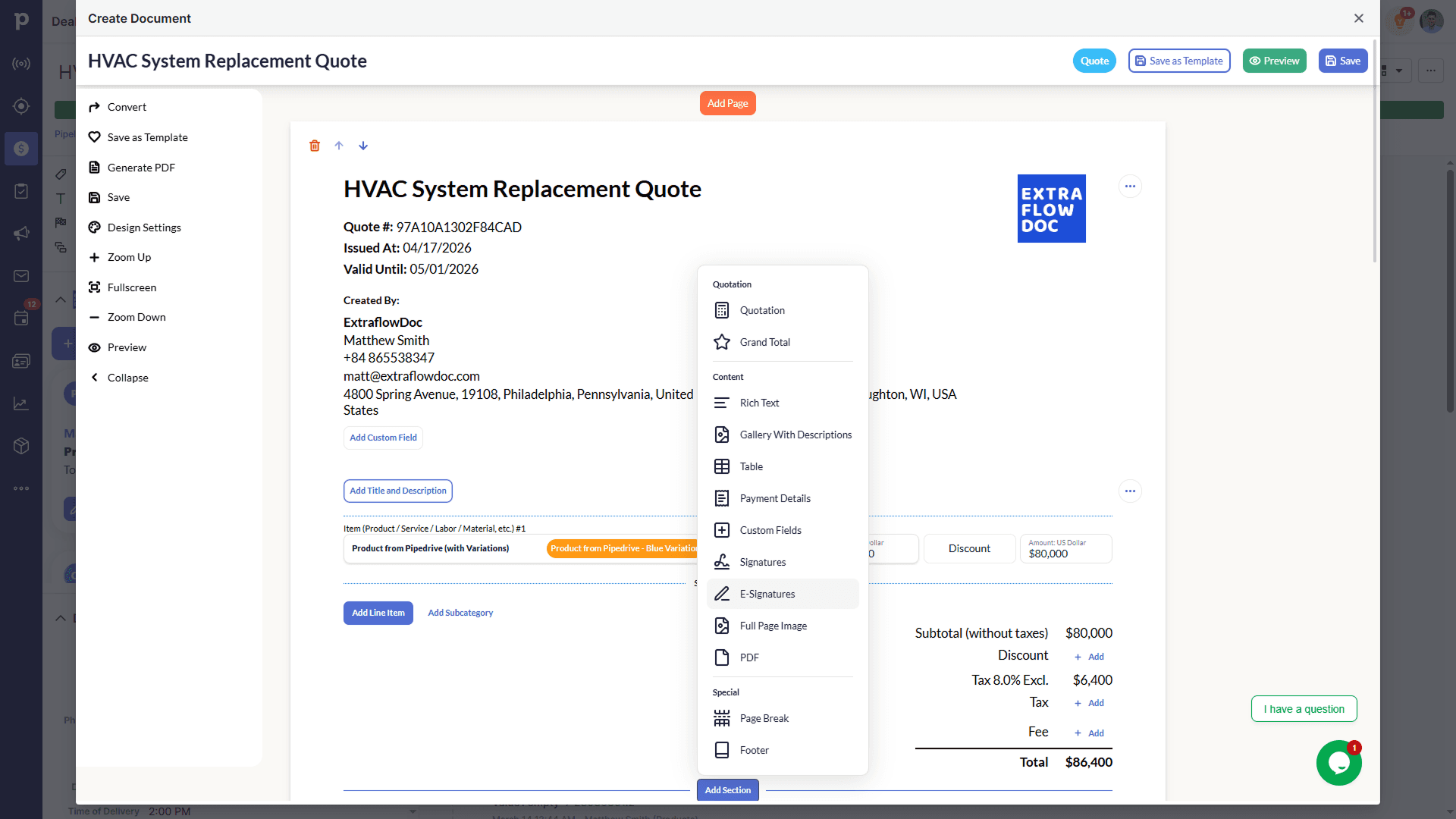 ExtraflowDoc document editor open on an HVAC system replacement quote, with the block picker open