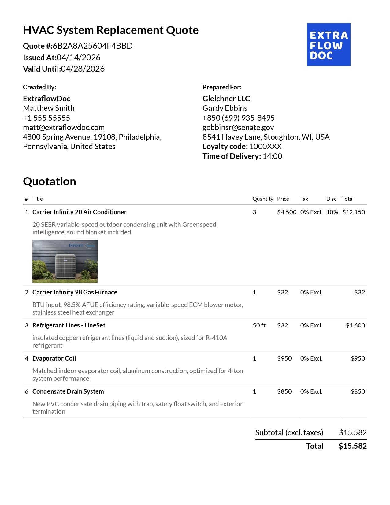 HVAC system replacement quote prepared in Pipedrive with ExtraflowDoc