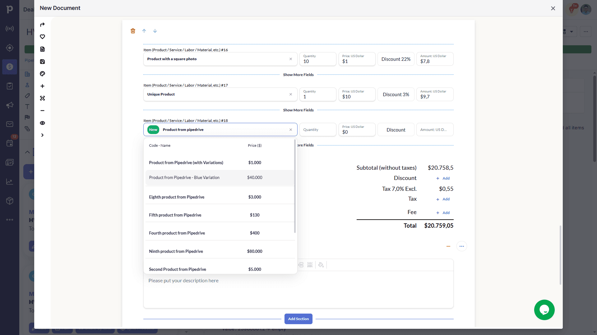 Searching Pipedrive catalog products to add as a line item in the ExtraflowDoc editor