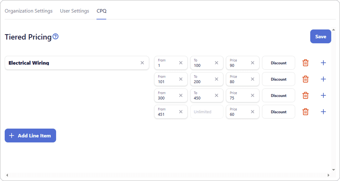 CPQ tiered pricing settings for a product, with quantity-based price tiers