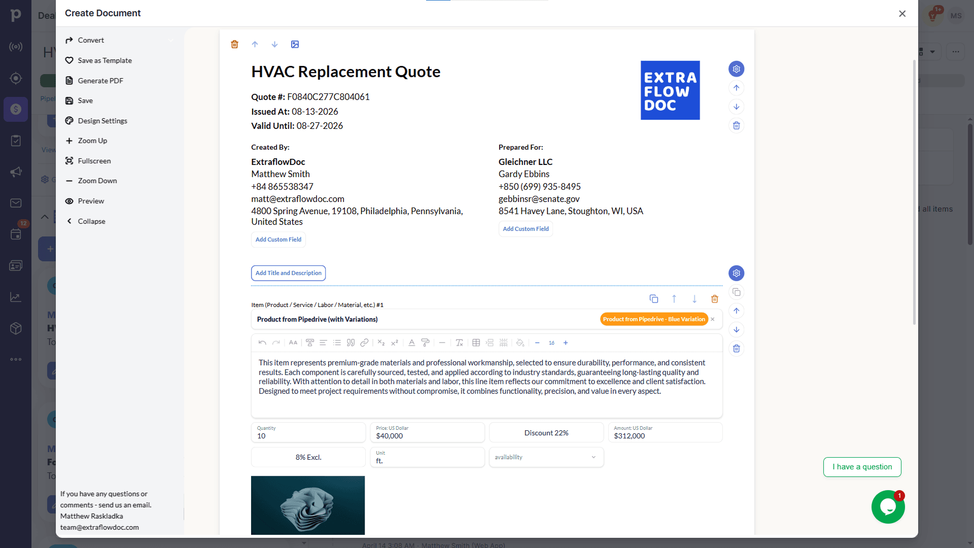 An HVAC replacement quote open in the ExtraflowDoc document editor, with line-item pricing and block controls