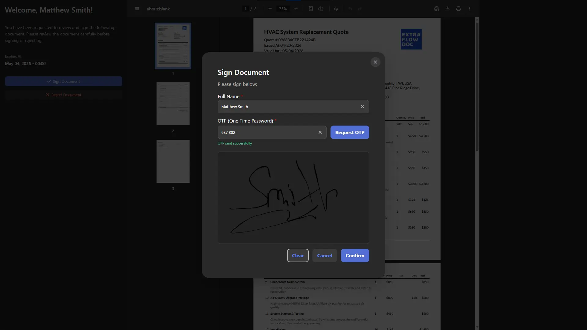 E-signature request screen for an ExtraflowDoc document, with OTP verification and a completed signature