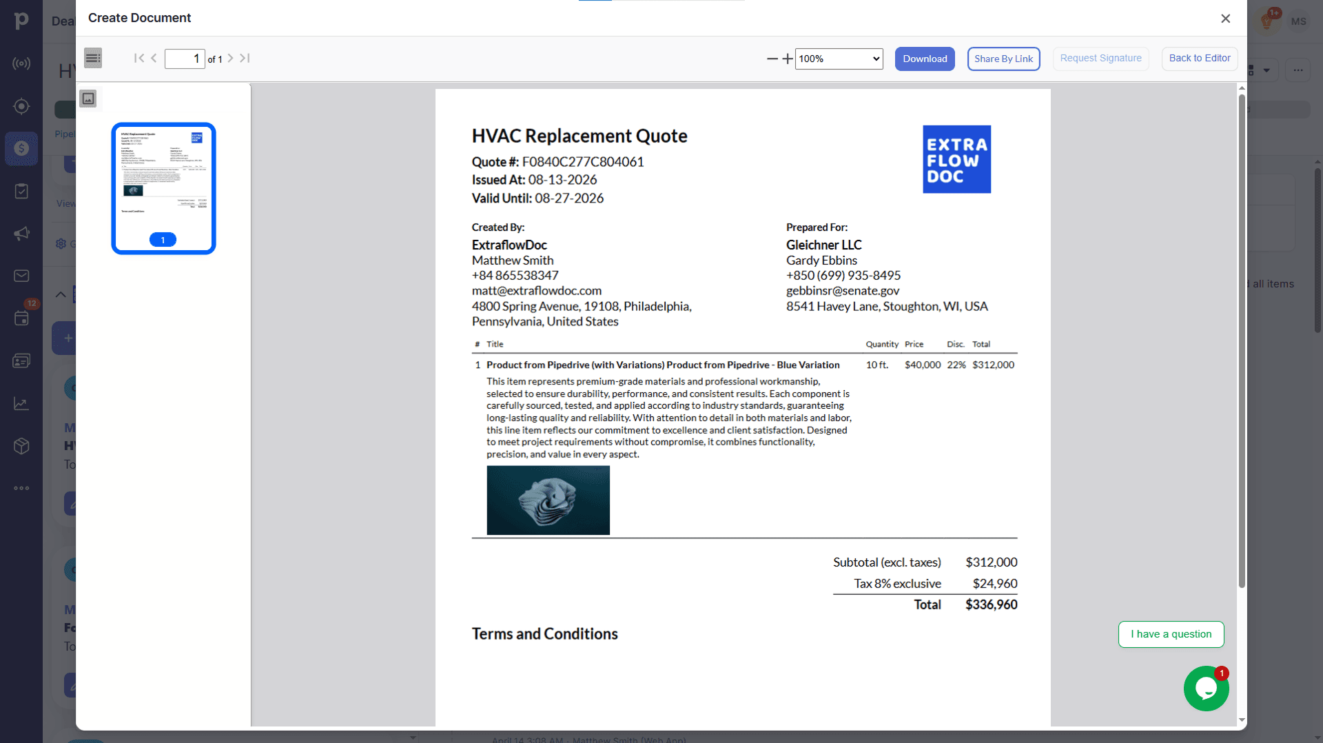 The same HVAC replacement quote rendered as a finished, downloadable PDF in ExtraflowDoc's preview panel